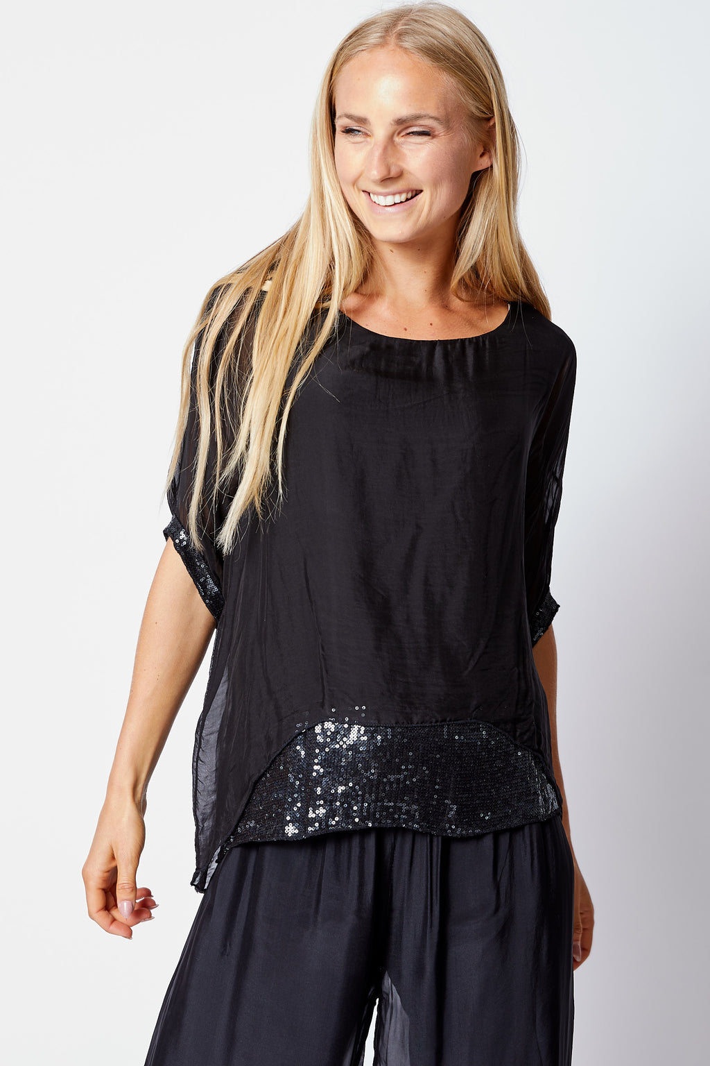 Italian Silk Sequin Trim Tee - Jacqueline B Clothing