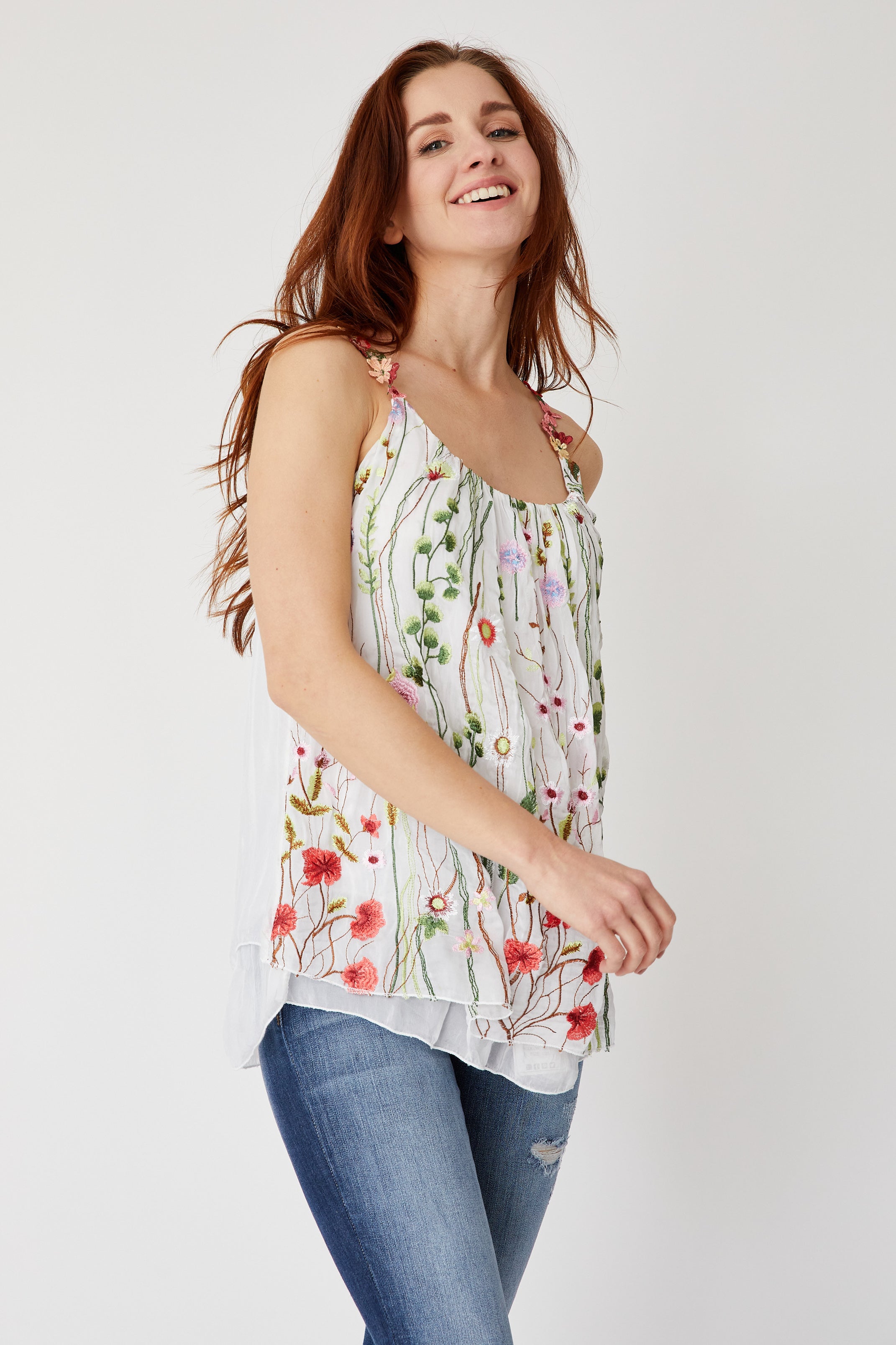 Italian Embroidered Floral Silk Tank
