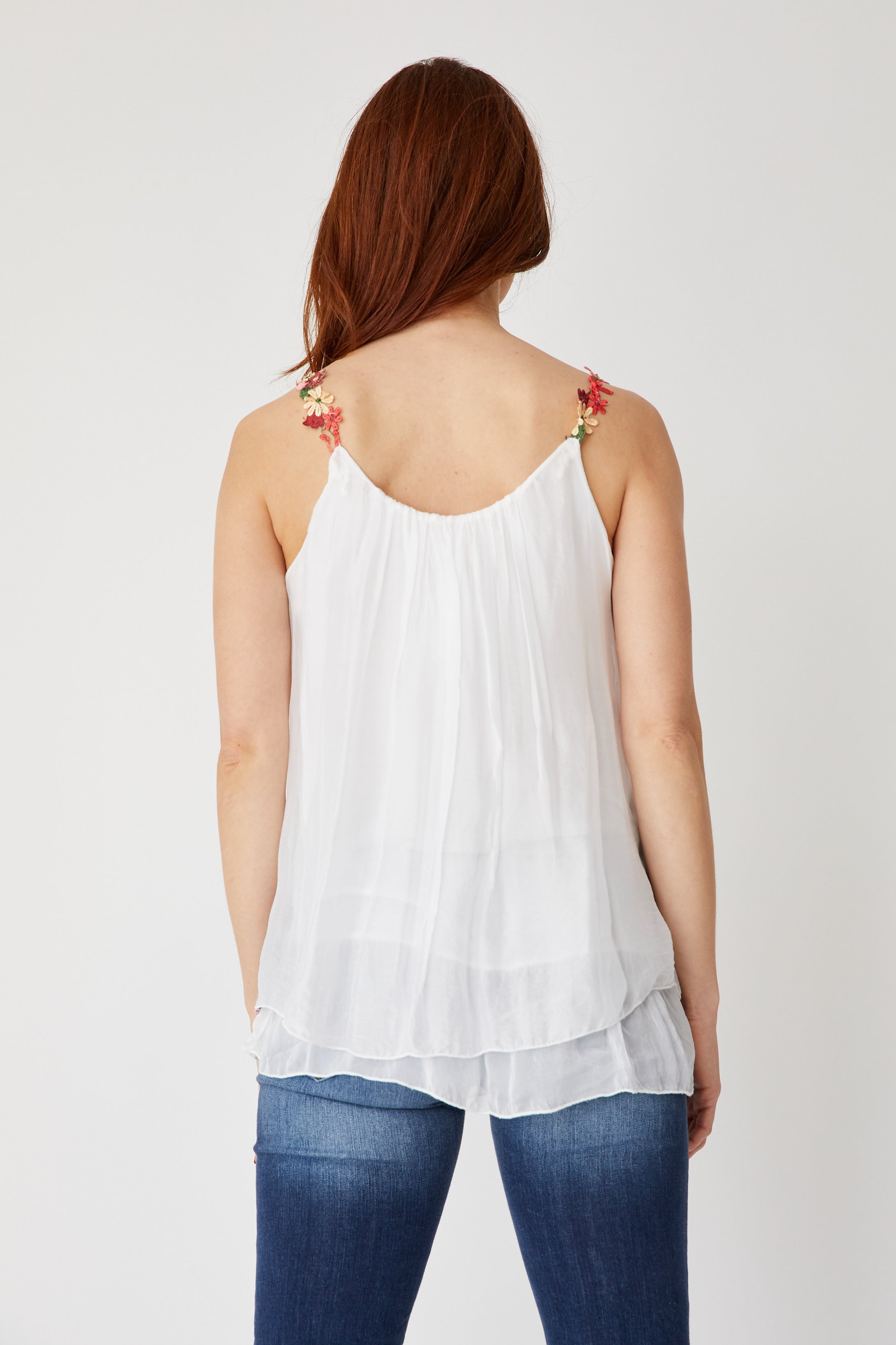 Italian Silk  Embroidered Floral Tank - Jacqueline B Clothing