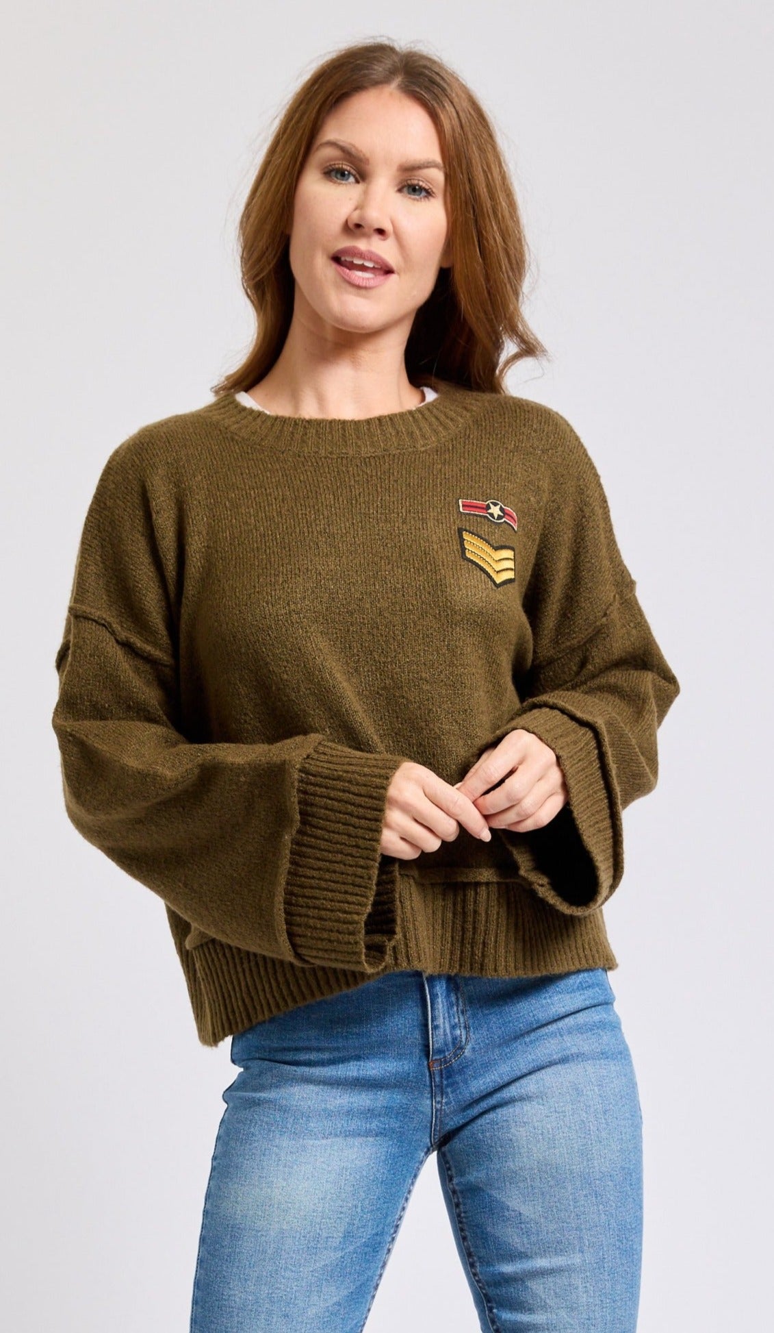 Army Embellished Bell Sleeve Sweater