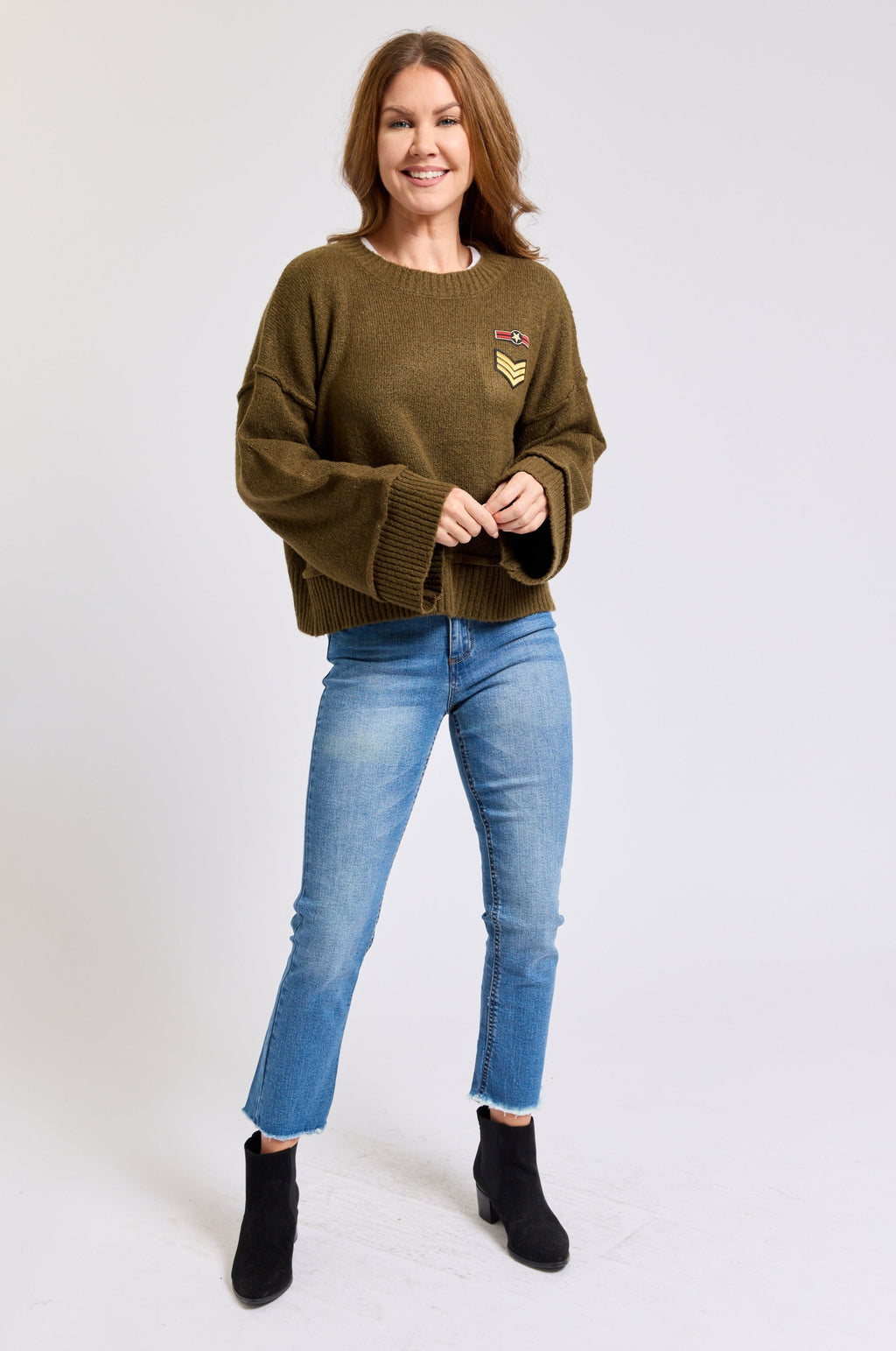 Army Embellished Bell Sleeve Sweater