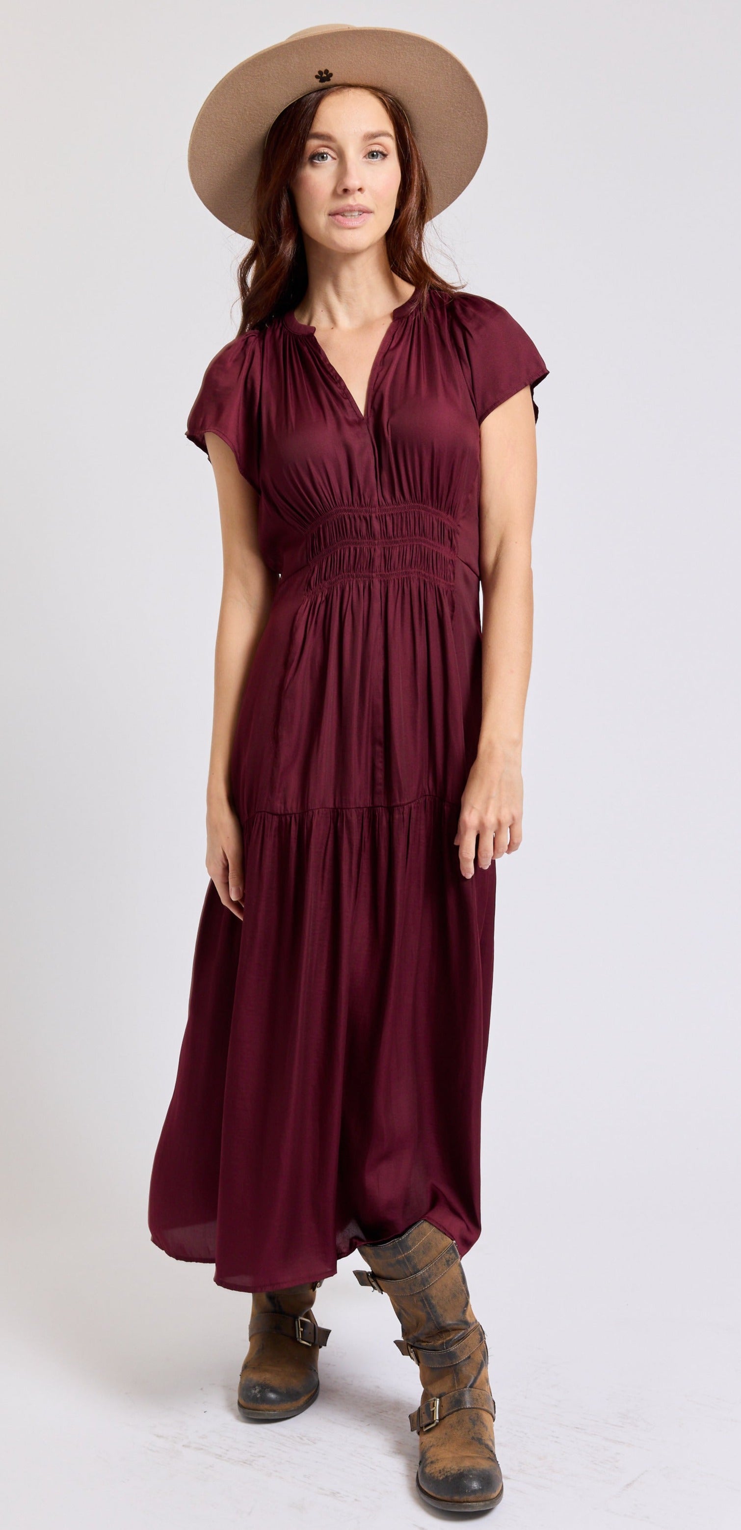 Ruched Short Sleeve Maxi Dress - Jacqueline B Clothing