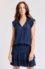 Short Sleeve Drop Waist Layered Dress Navy Pattern
