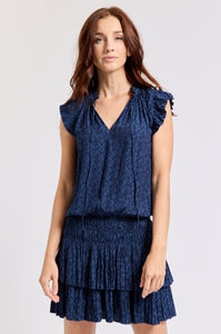 Short Sleeve Drop Waist Layered Dress Navy Pattern