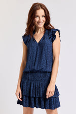 Short Sleeve Drop Waist Layered Dress Navy Pattern