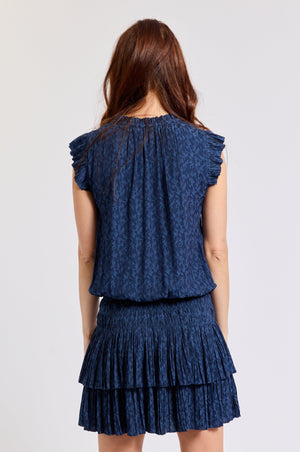 Short Sleeve Drop Waist Layered Dress Navy Pattern