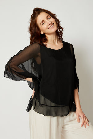 Italian Silk Ruffle Trim Tee - Jacqueline B Clothing