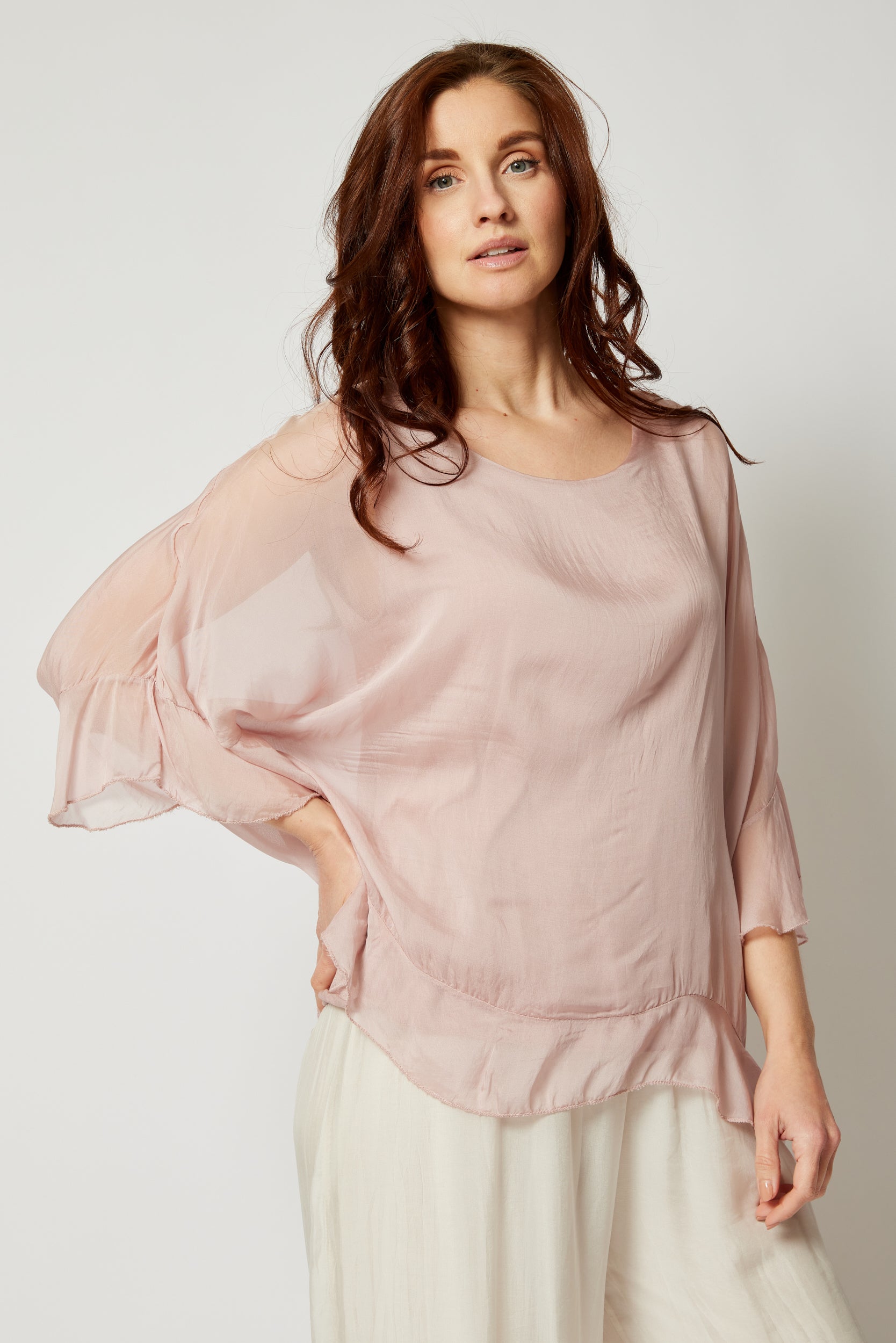 Italian Silk Ruffle Trim Tee - Jacqueline B Clothing