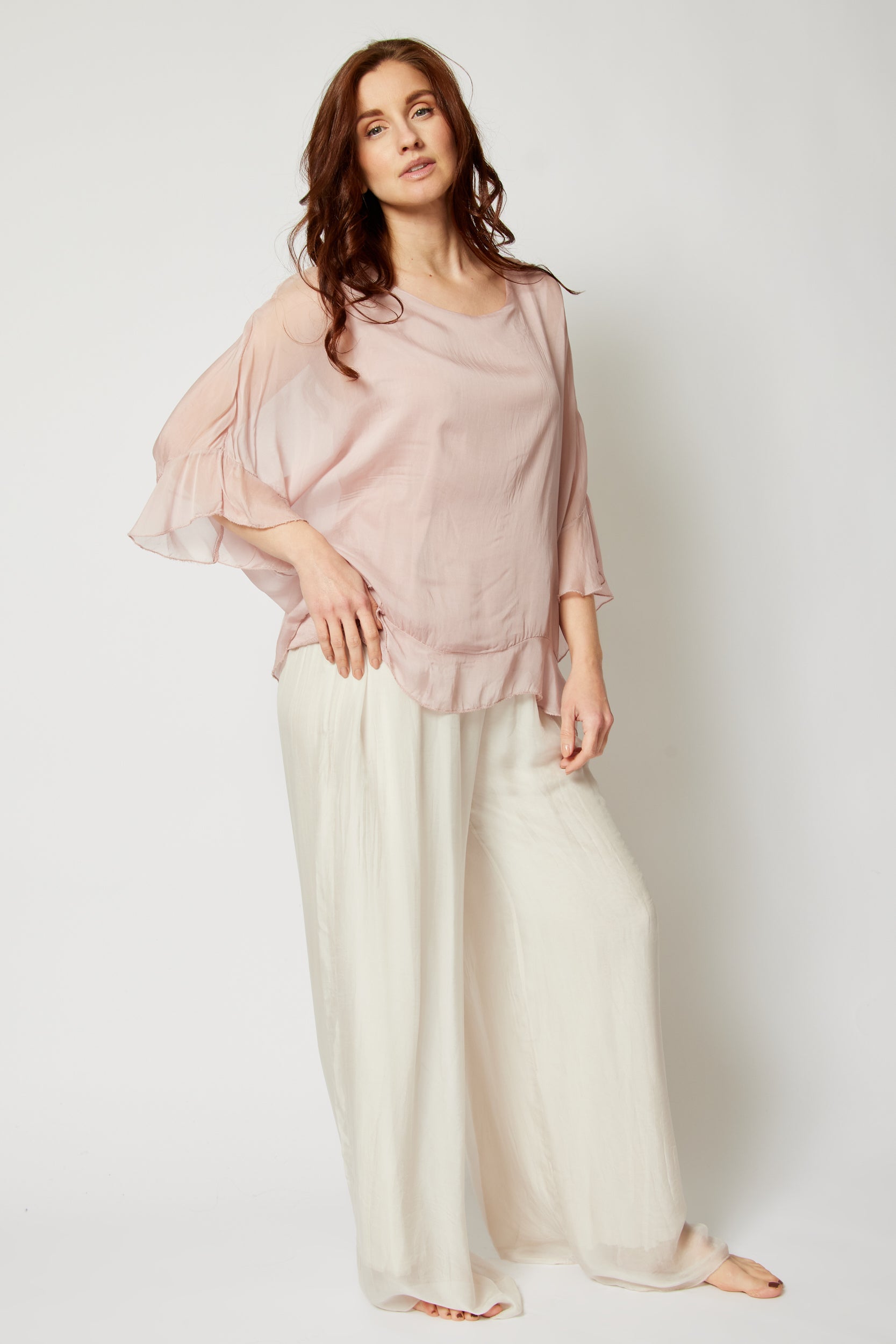 Italian Silk Ruffle Trim Tee - Jacqueline B Clothing