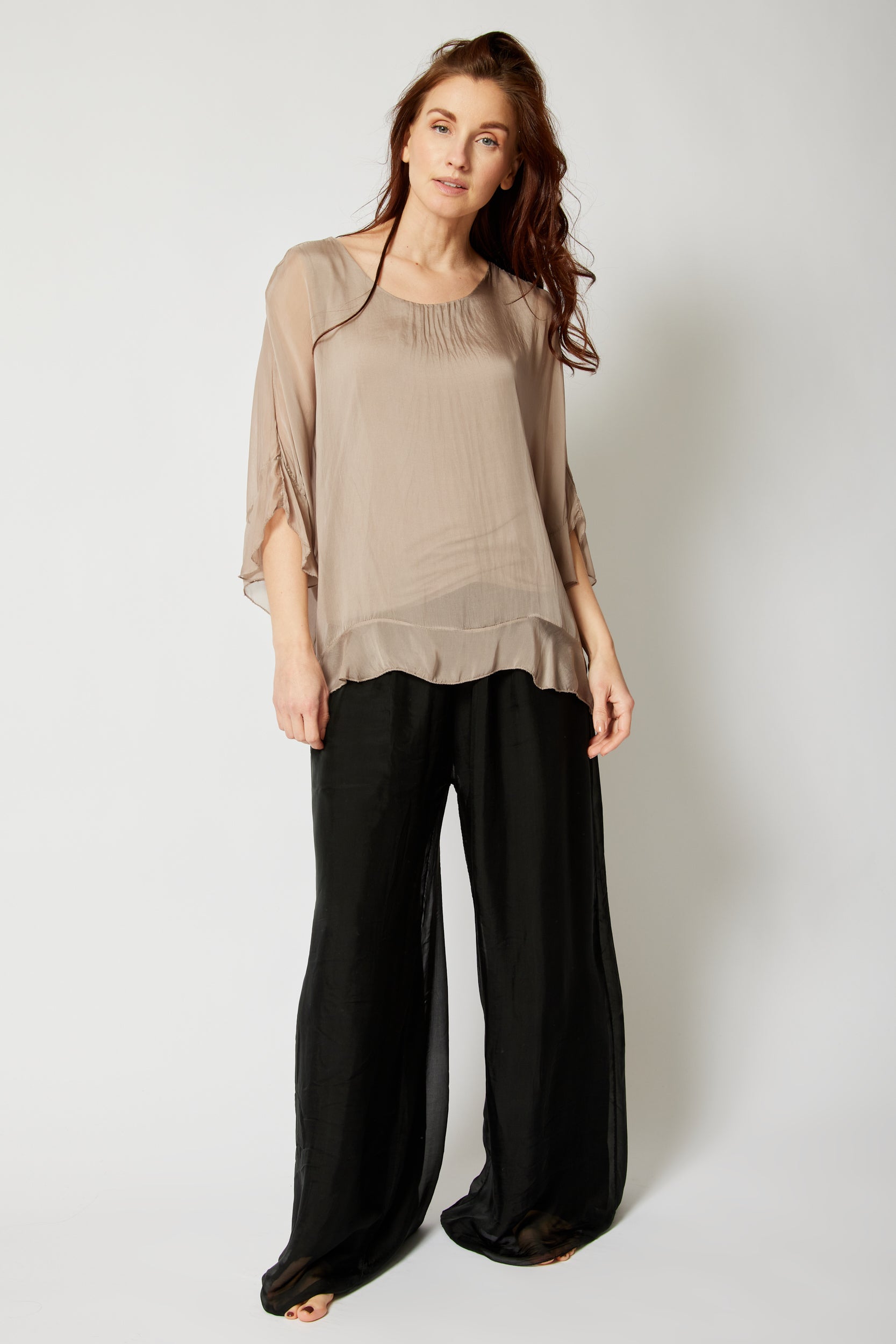 Italian Silk Ruffle Trim Tee - Jacqueline B Clothing