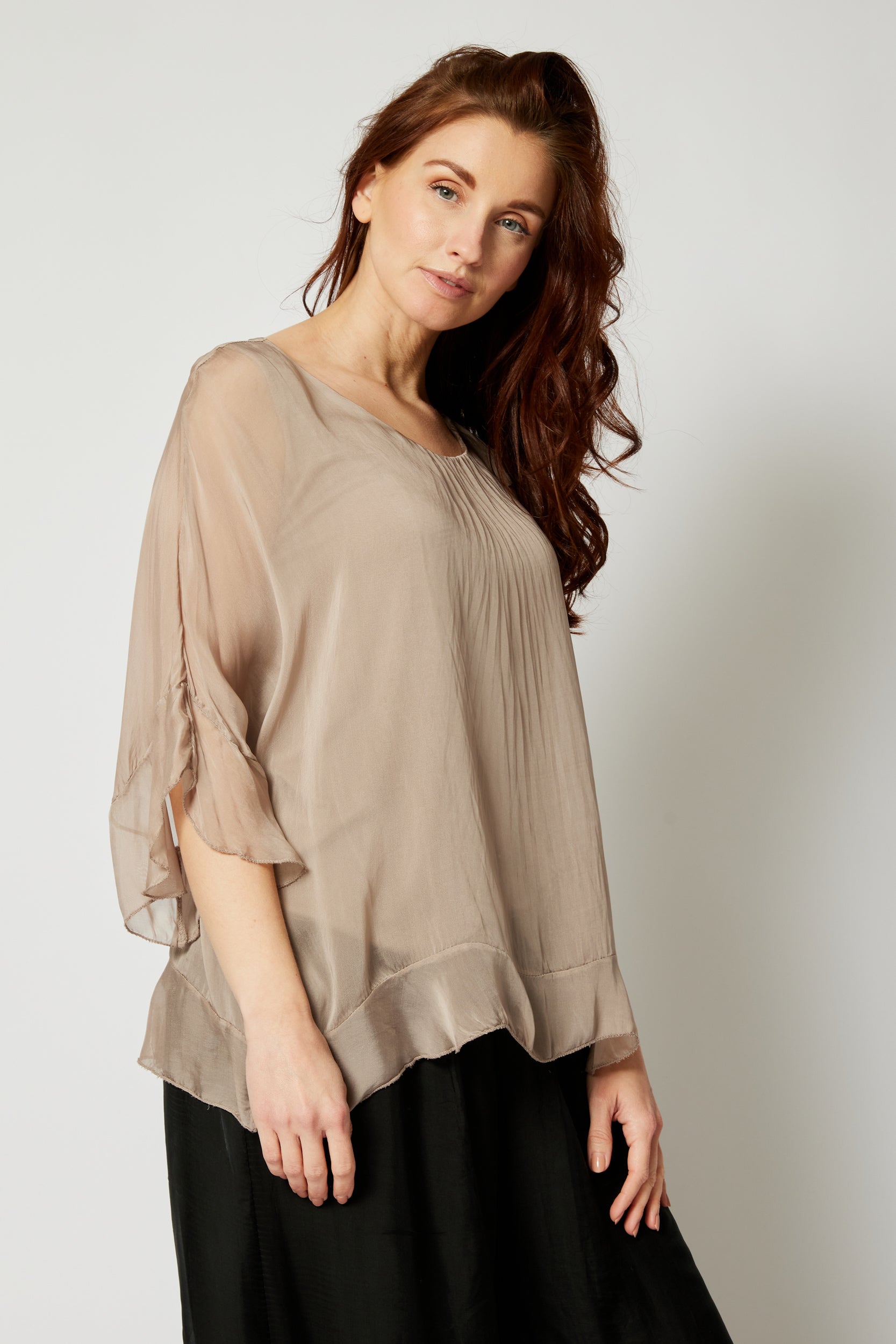 Italian Silk Ruffle Trim Tee - Jacqueline B Clothing